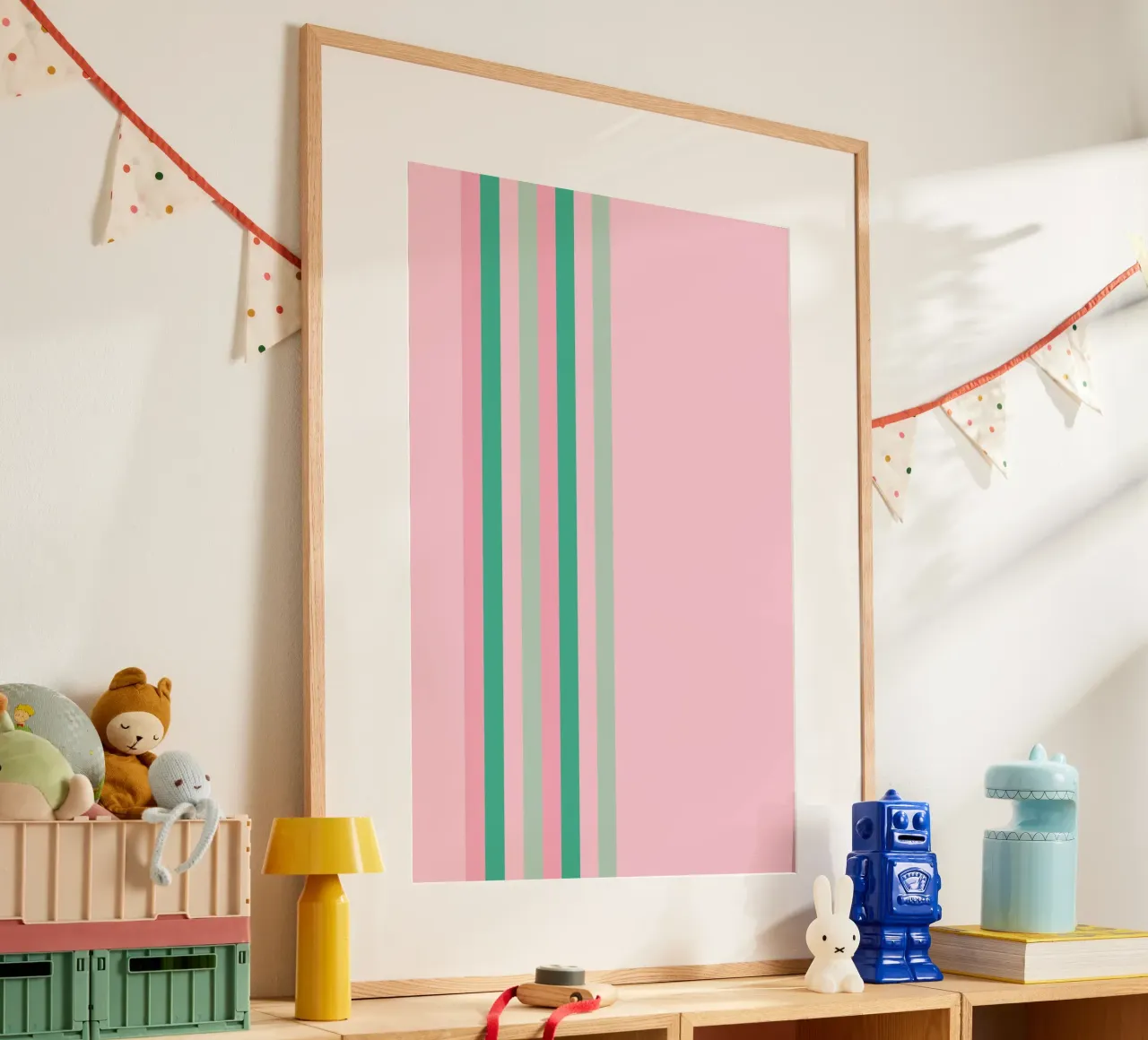 Nastro a strisce verde e rosa poster con telaio in legno da SilverPegasus