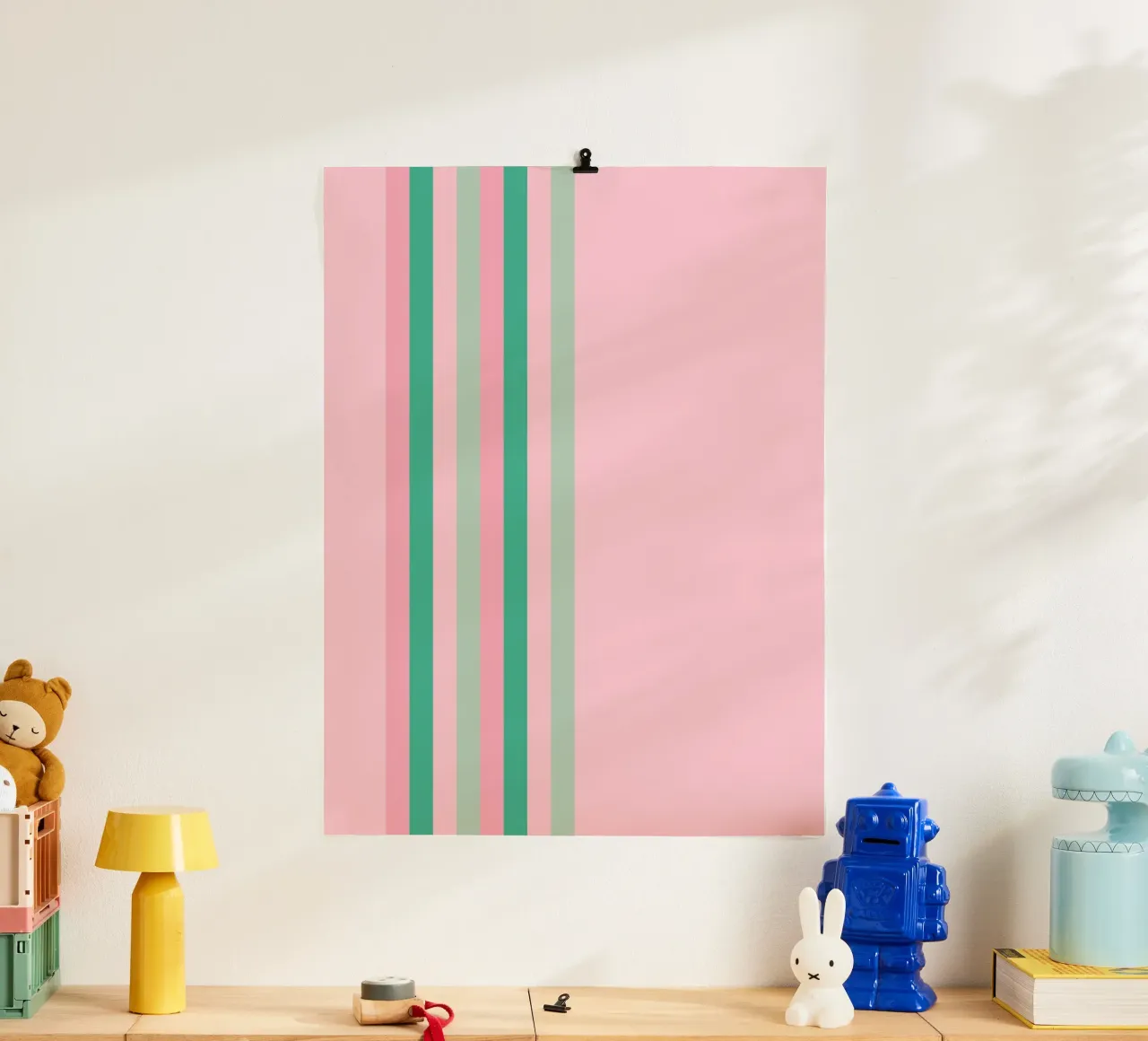 Nastro a strisce verde e rosa poster con telaio in legno da SilverPegasus