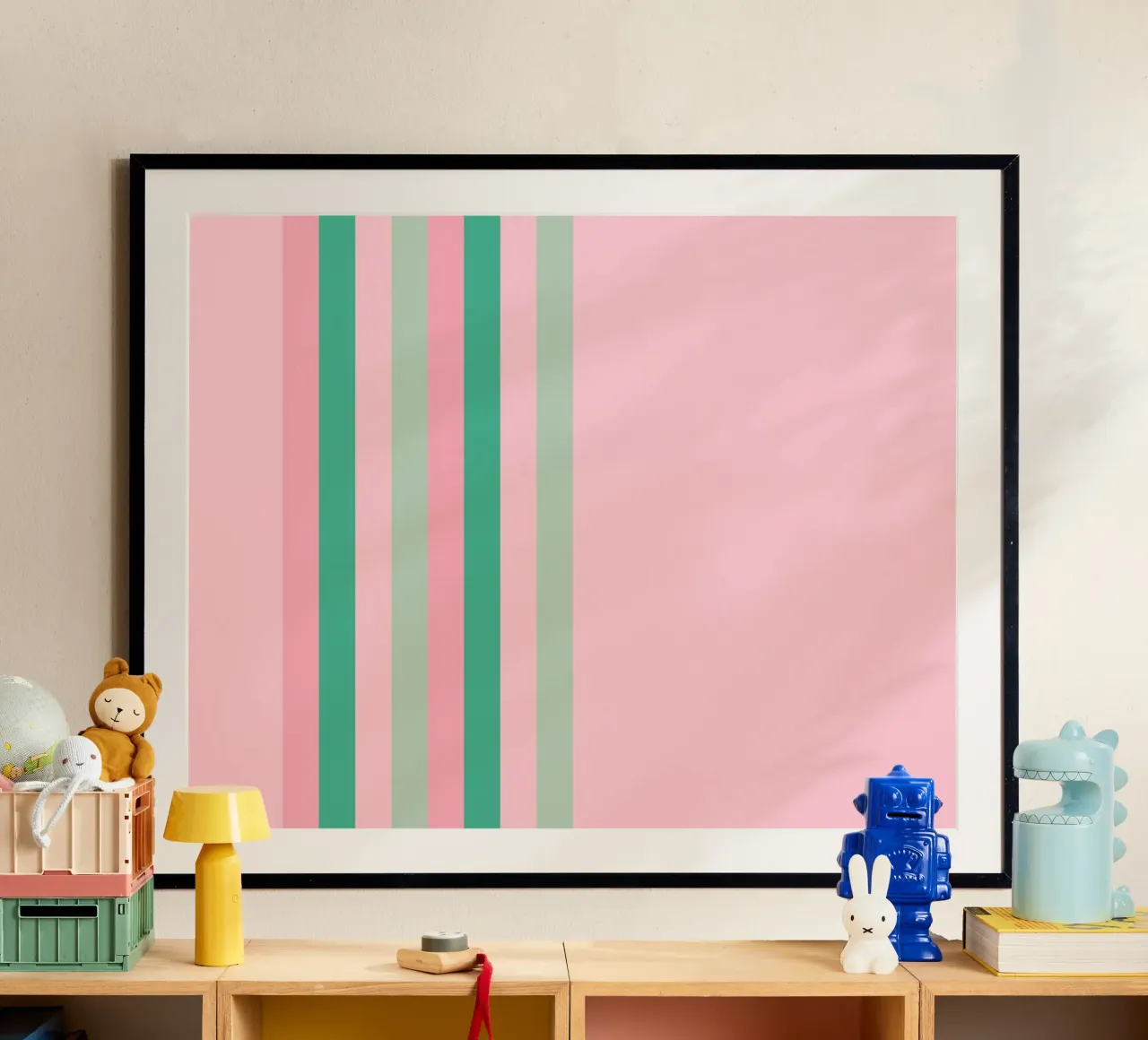 Nastro a strisce verde e rosa poster con telaio in legno da SilverPegasus