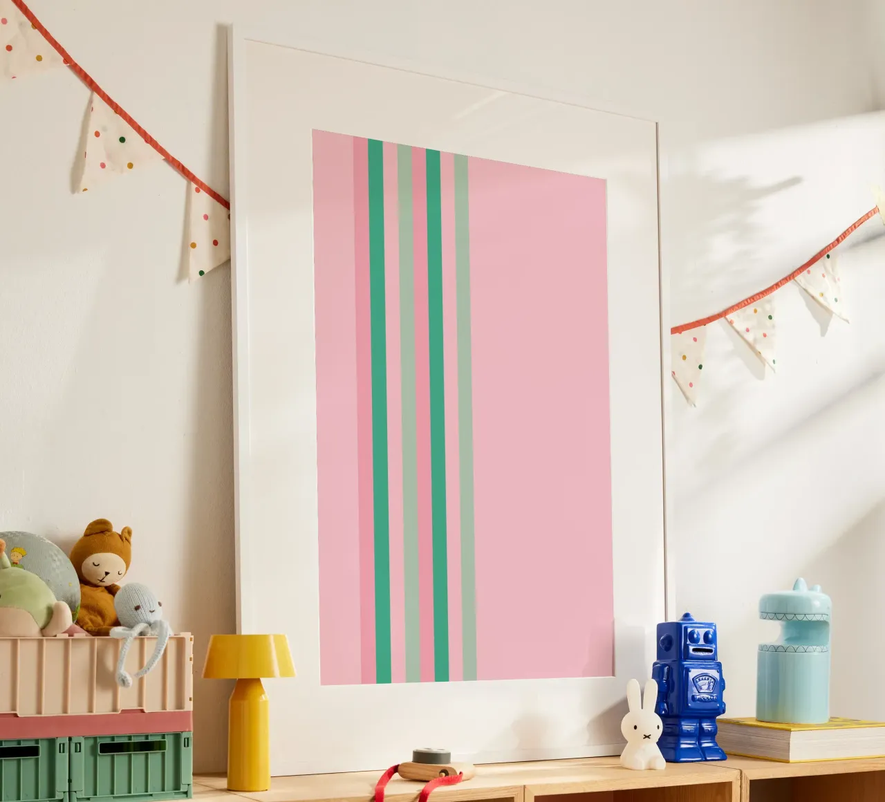Nastro a strisce verde e rosa poster con telaio in legno da SilverPegasus