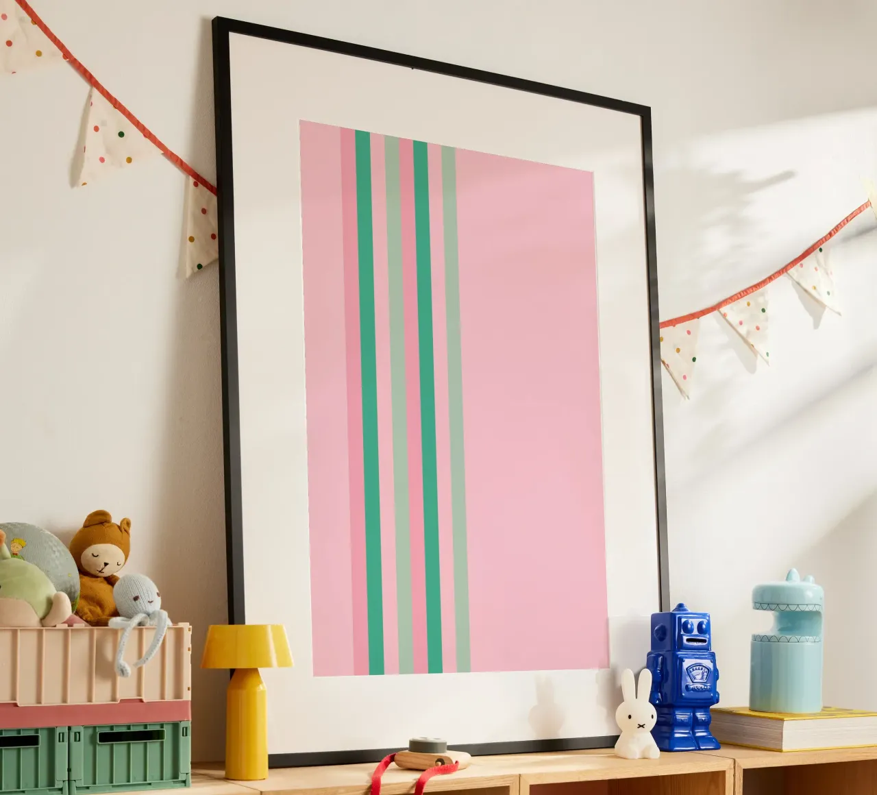 Nastro a strisce verde e rosa poster con telaio in legno da SilverPegasus