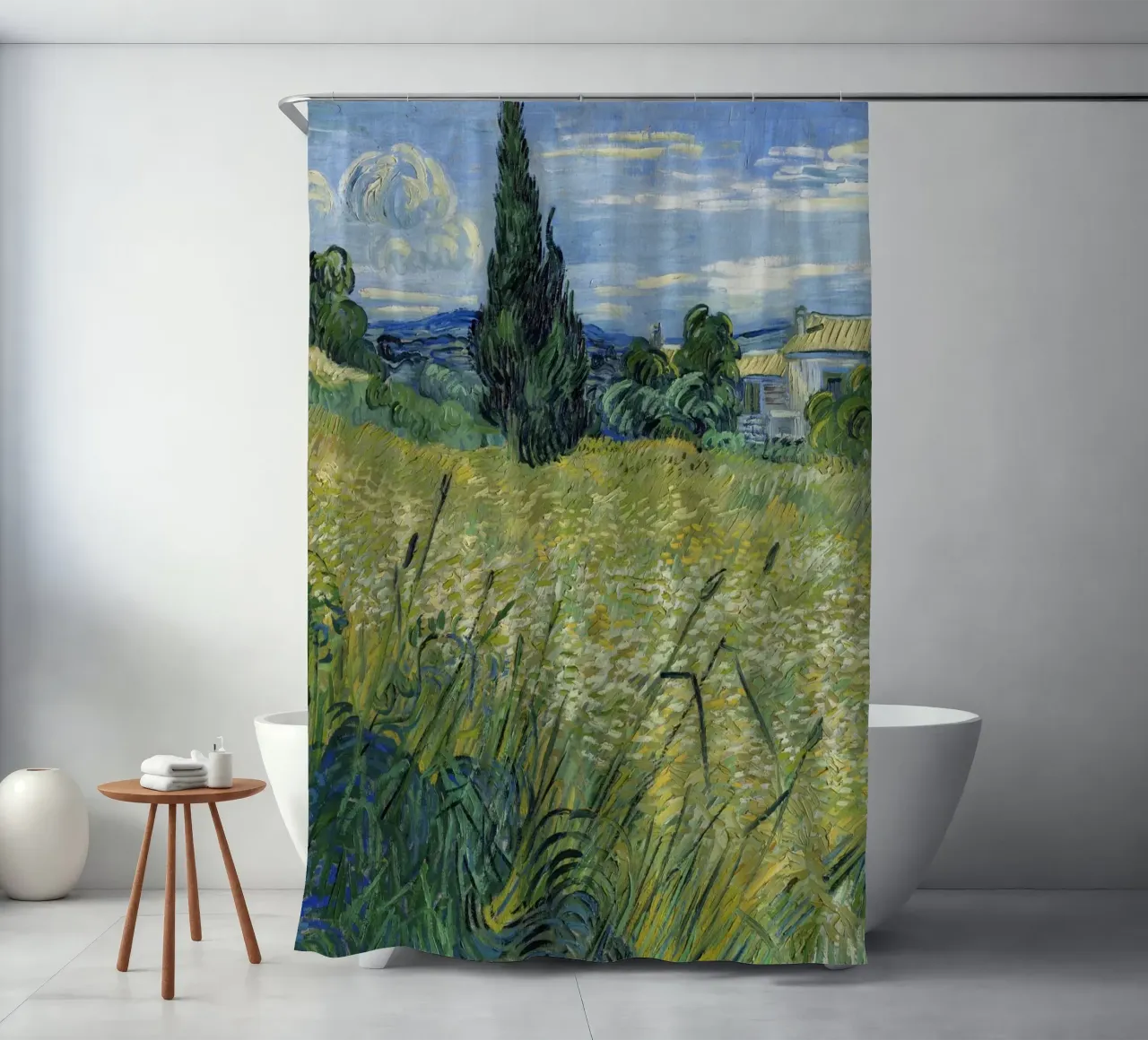 Green Wheat Field with Cypress (1889) shower curtain by Art History