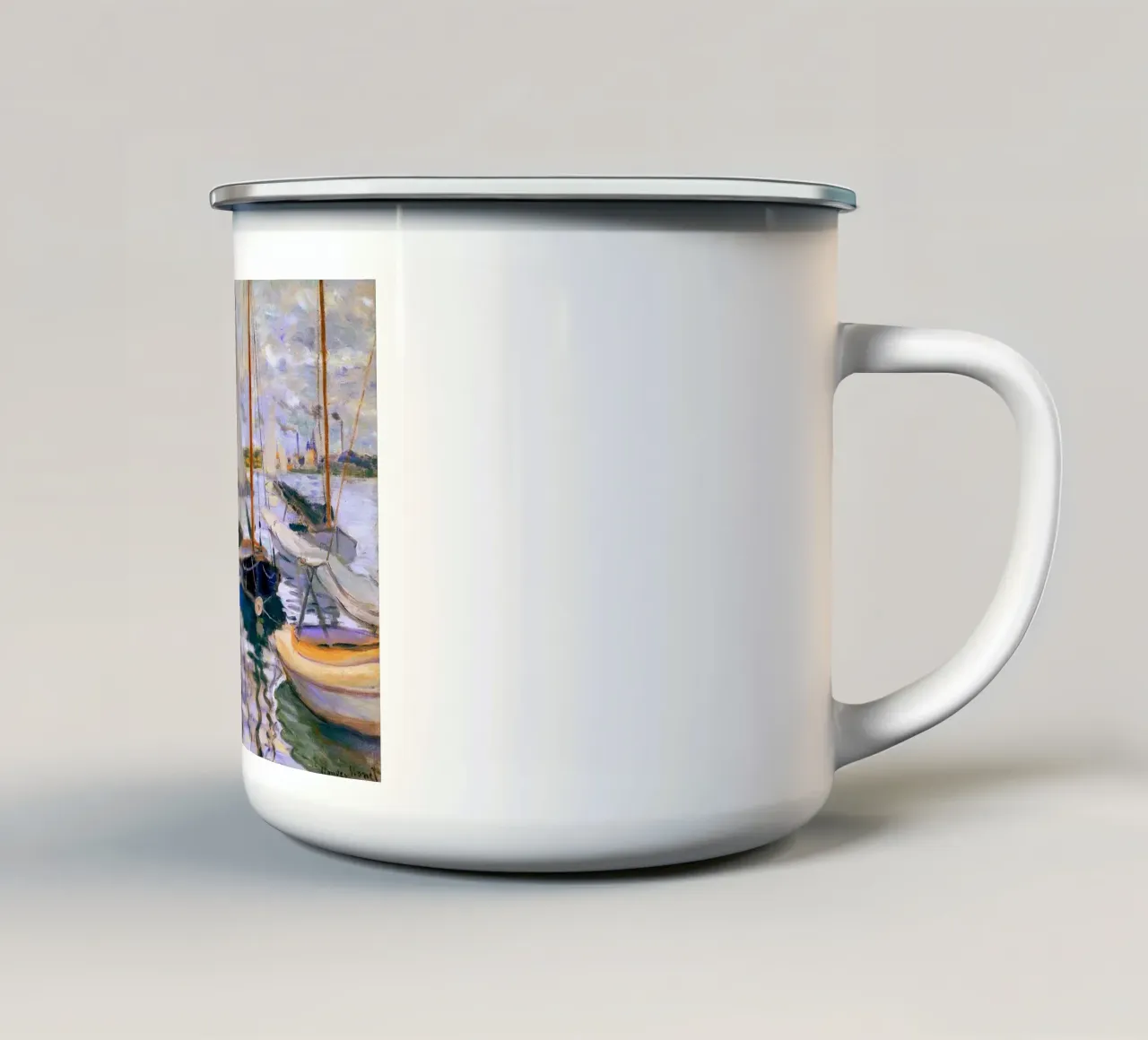 gebouwen zeilboten kustgezicht claude monet emaille mok van belong shop