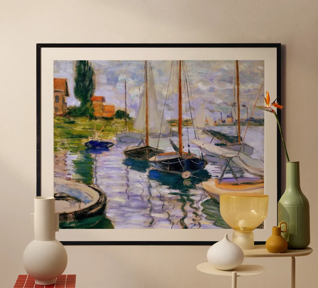 gebouwen zeilboten kustgezicht claude monet poster met houten frame van belong shop