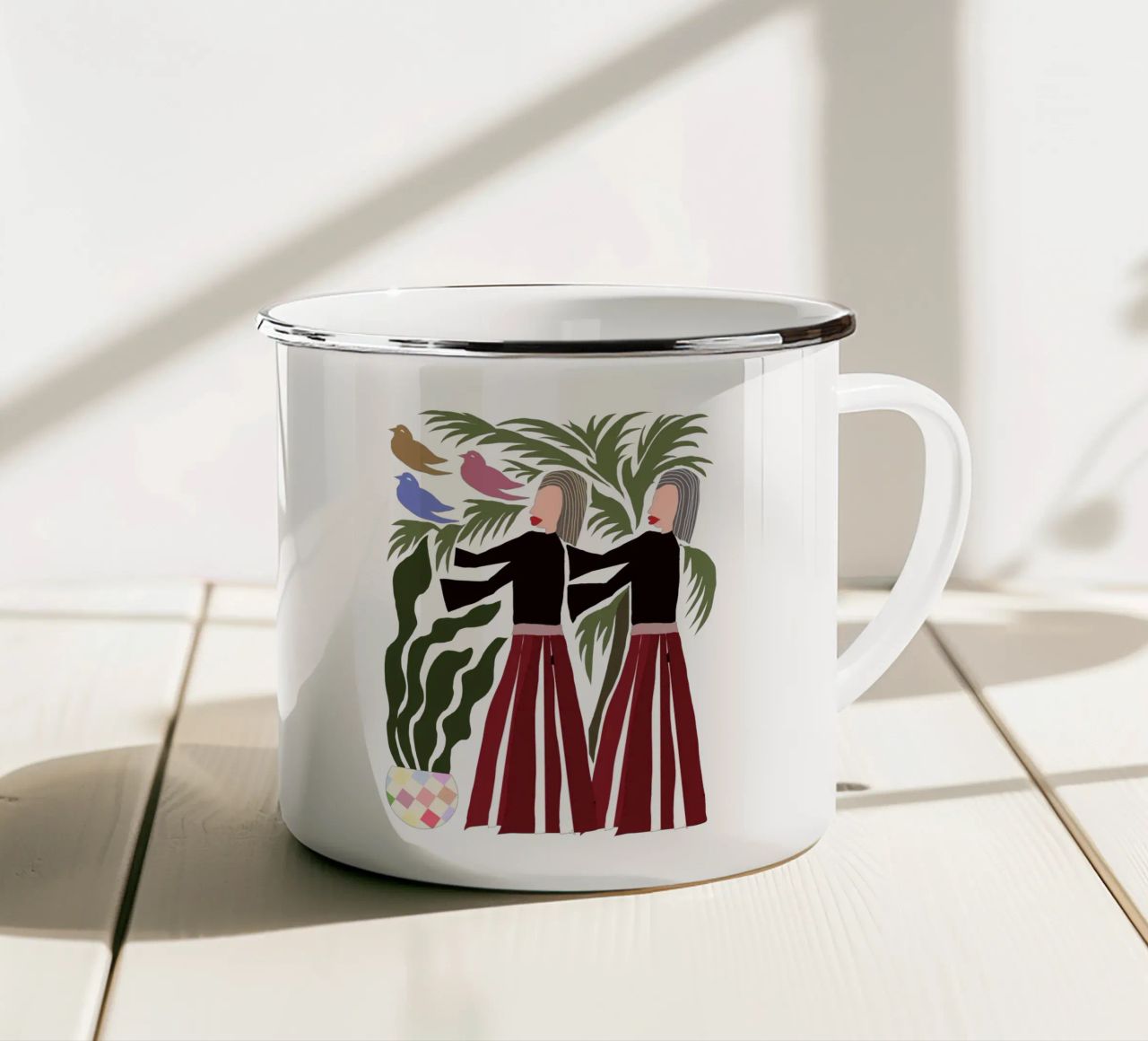 Twin Figures in Nature: Modern Abstract with Birds tazza in smalto da mysteriouscoco