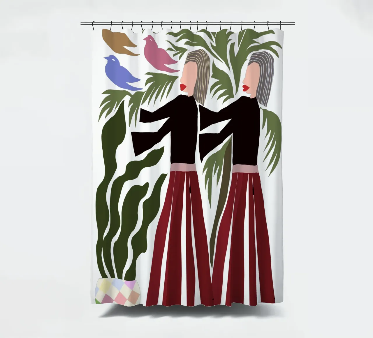 Twin Figures in Nature: Modern Abstract with Birds Duschvorhang von mysteriouscoco