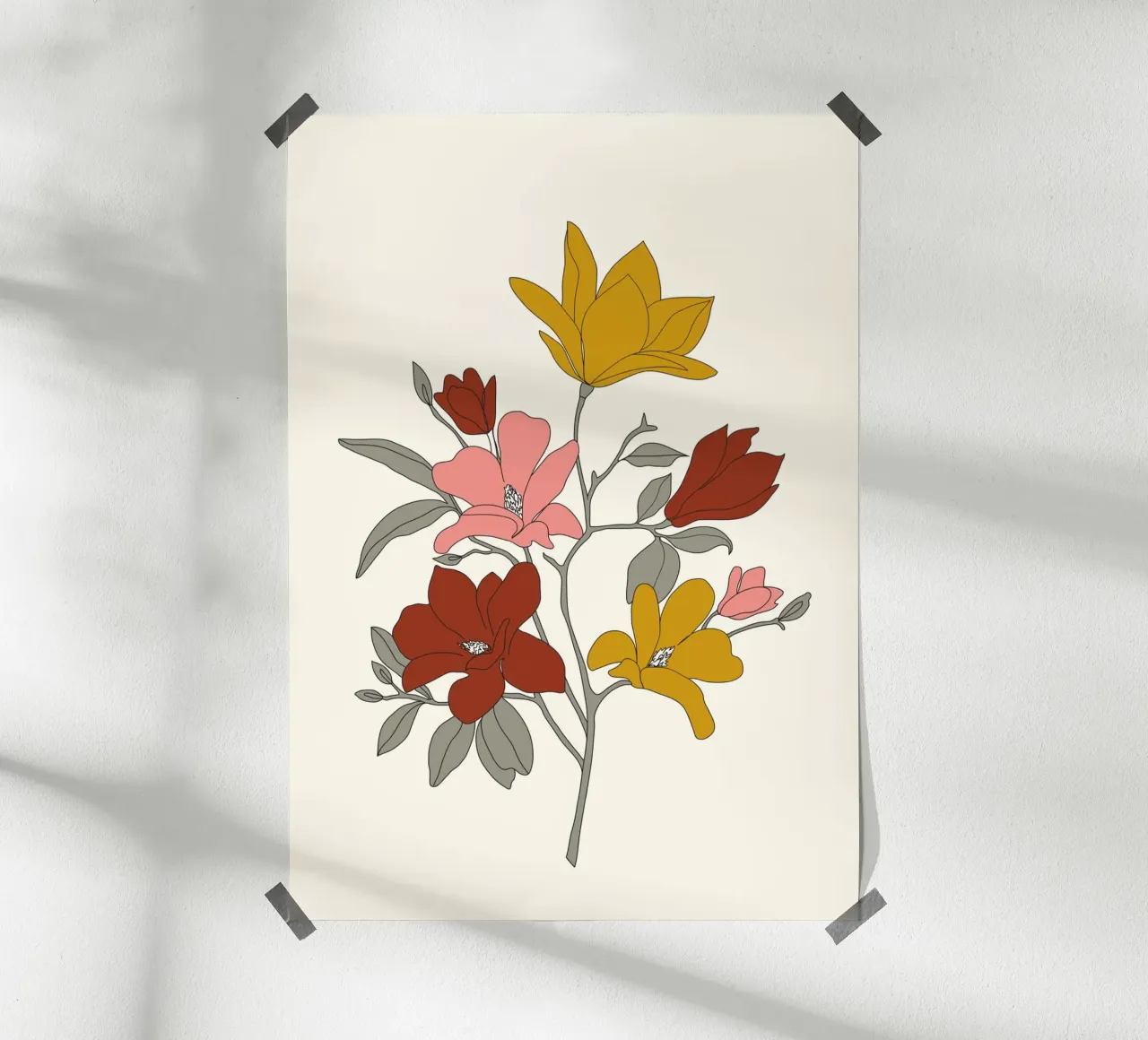 Colorful Minimal Line Art Magnolia poster con telaio in legno da Nadjaa