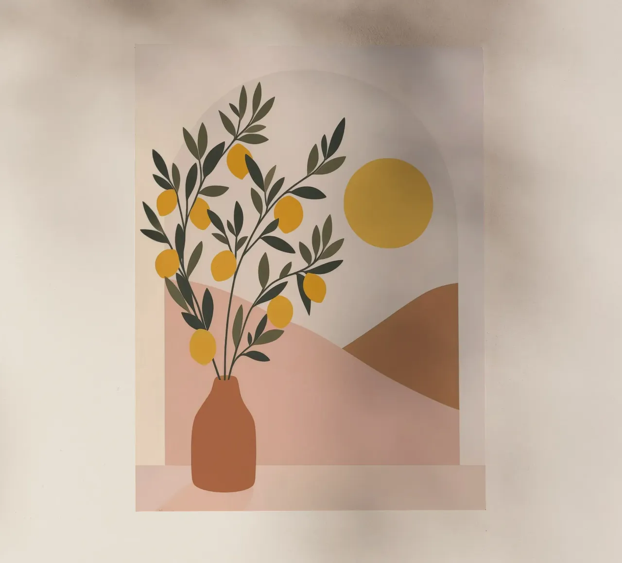 Albero di limone boho in vaso greco Arte mediterranea con sole pellicola backlit da Gentle Echoes Art