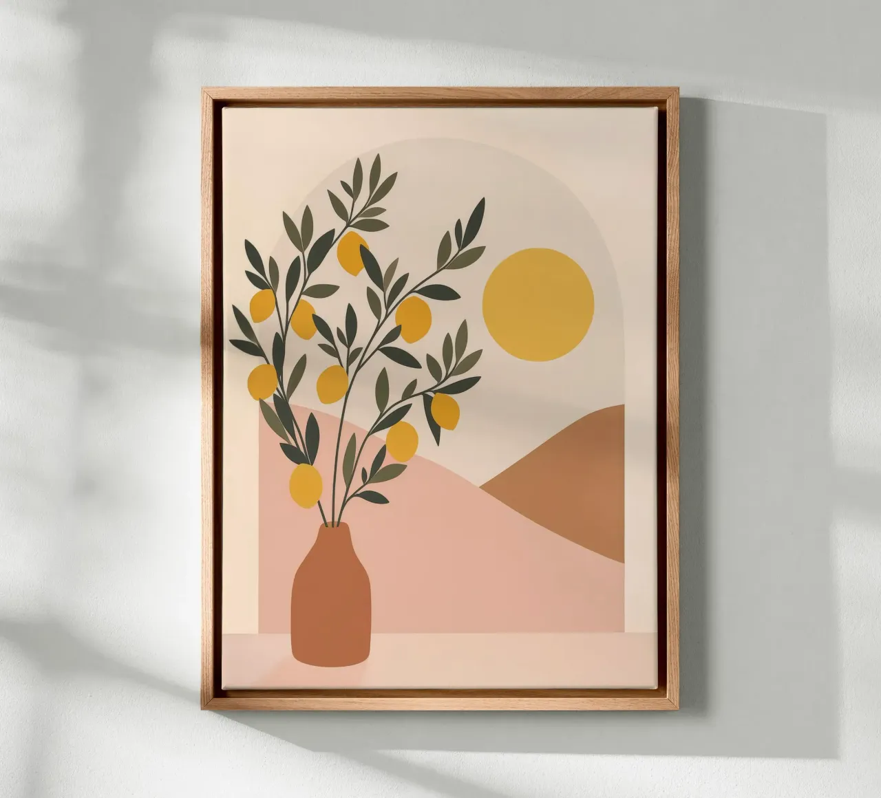 Boho Lemon Tree in Greek Vase Mediterranean Art with Sun canvas with Floater frame by Gentle Echoes Art