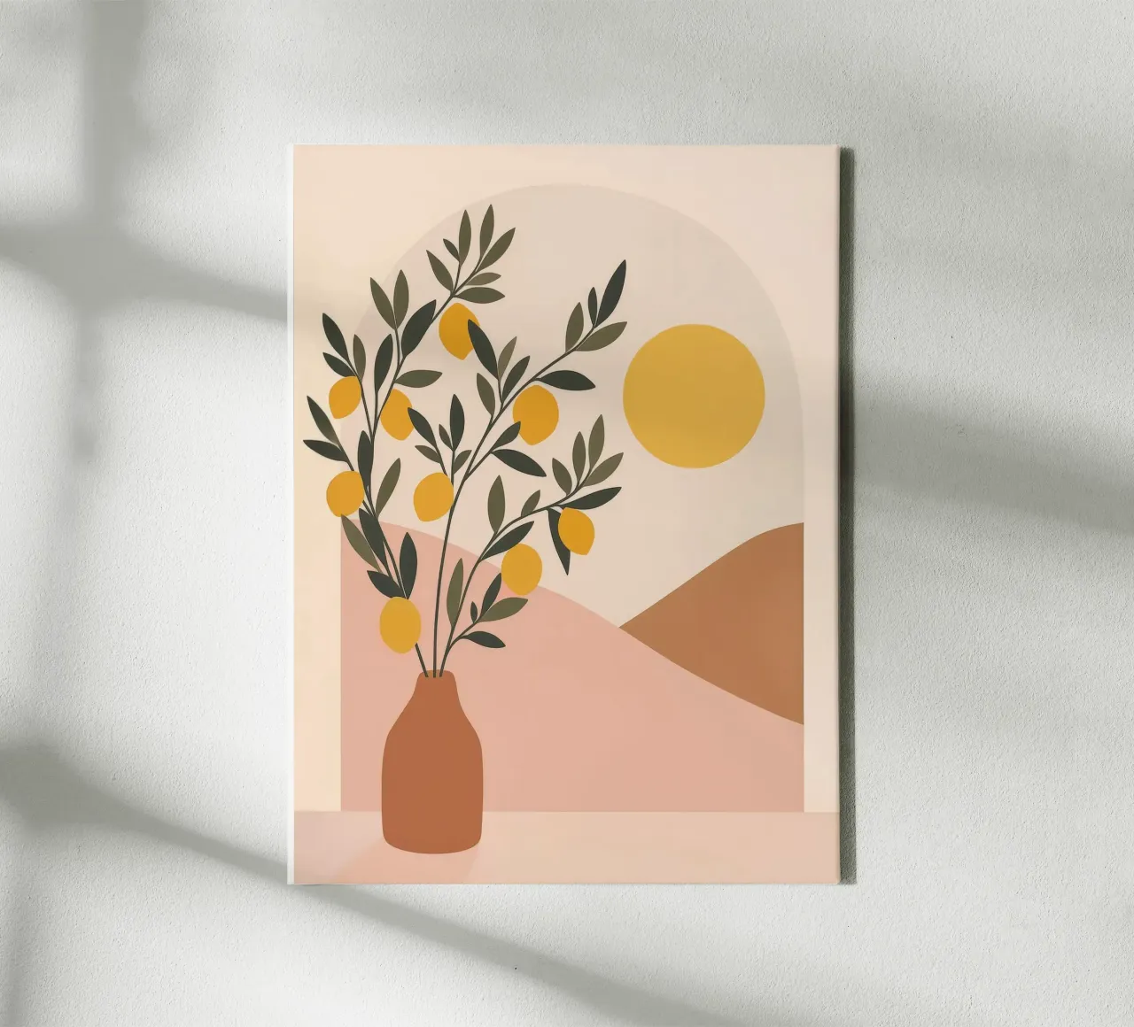 Boho Lemon Tree in Greek Vase Mediterranean Art with Sun canvas with Floater frame by Gentle Echoes Art