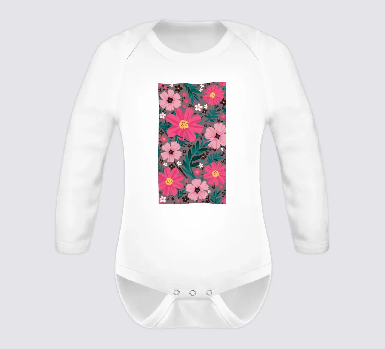 Cosmic Pink Flora long-sleeve baby romper by Grande Serene