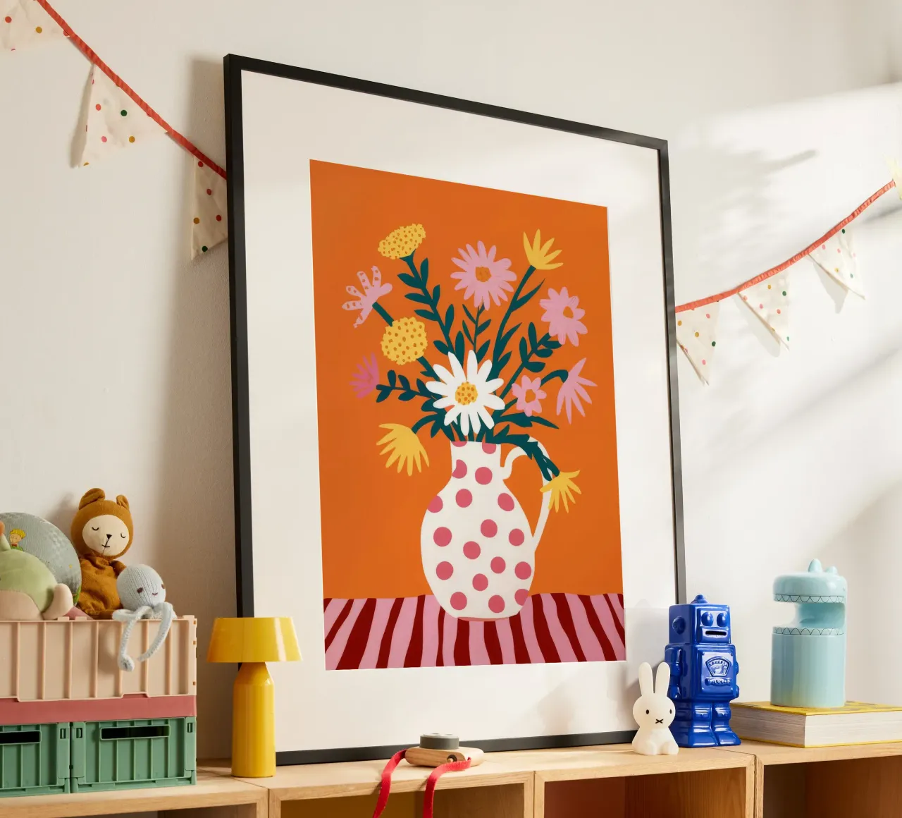 Fiori di gioia a pois poster con telaio in plastica da Grande Serene