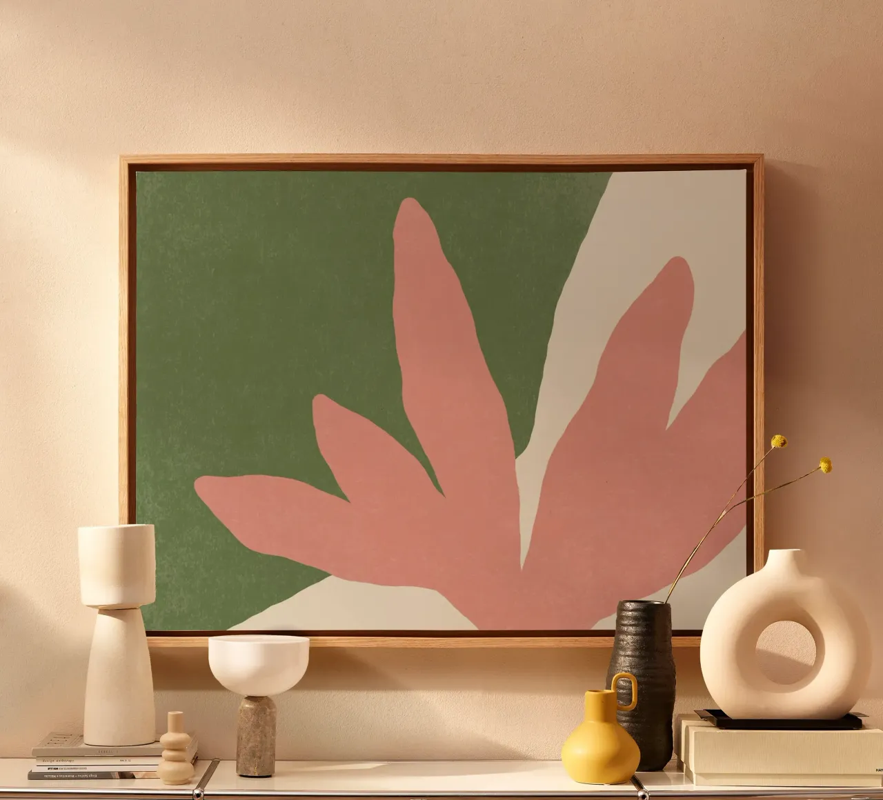 Bladeren Minimalisme - Roze Groen canvas met Baklijst van MoonlightPrint