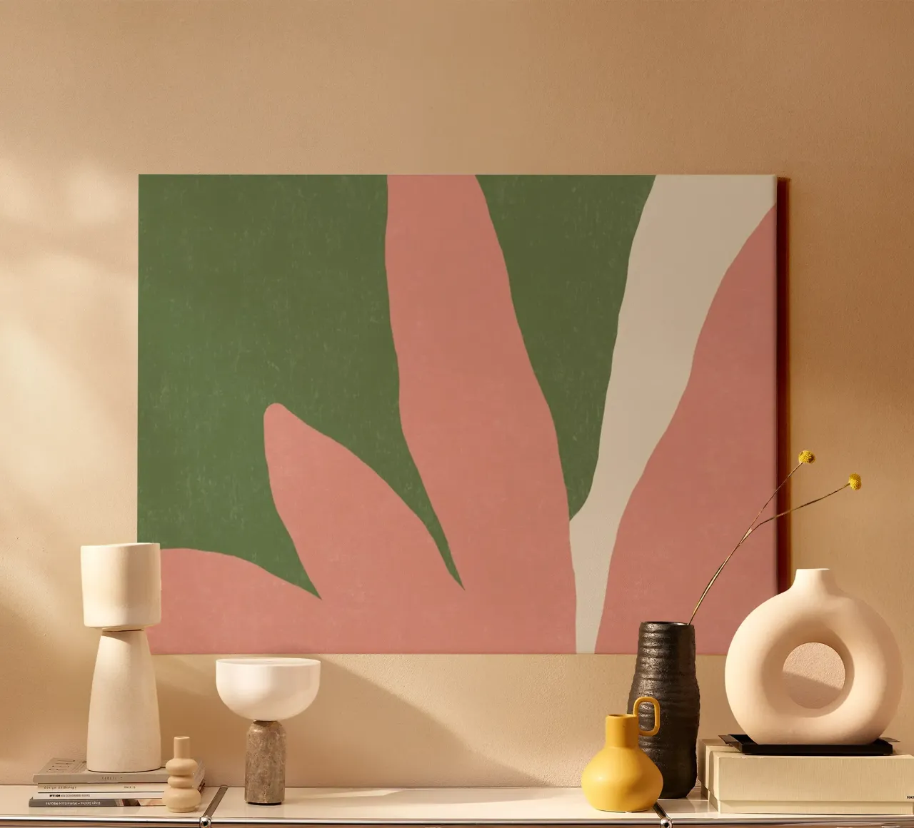 Bladeren Minimalisme - Roze Groen canvas met Baklijst van MoonlightPrint