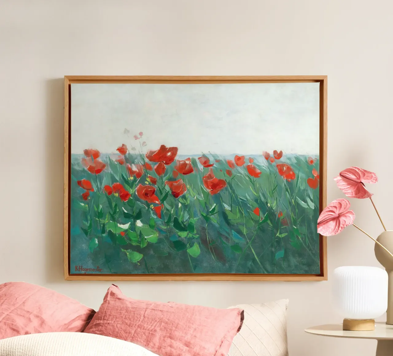 Red poppies on the lake shore tela con Cornice a cassetta da apoloprints