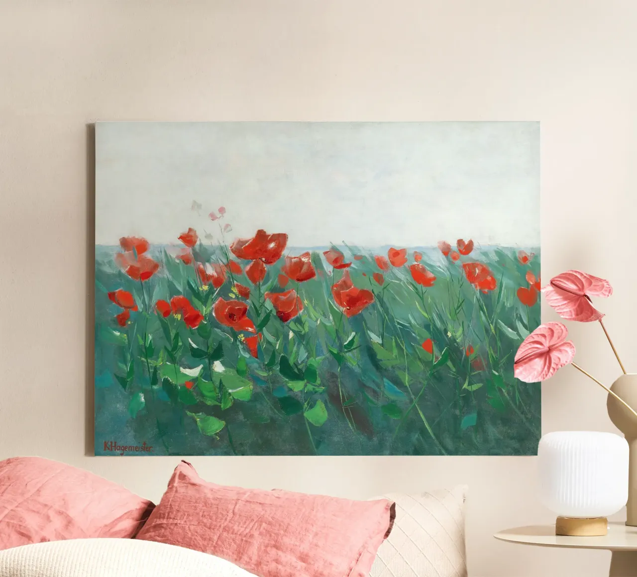 Red poppies on the lake shore tela con Cornice a cassetta da apoloprints