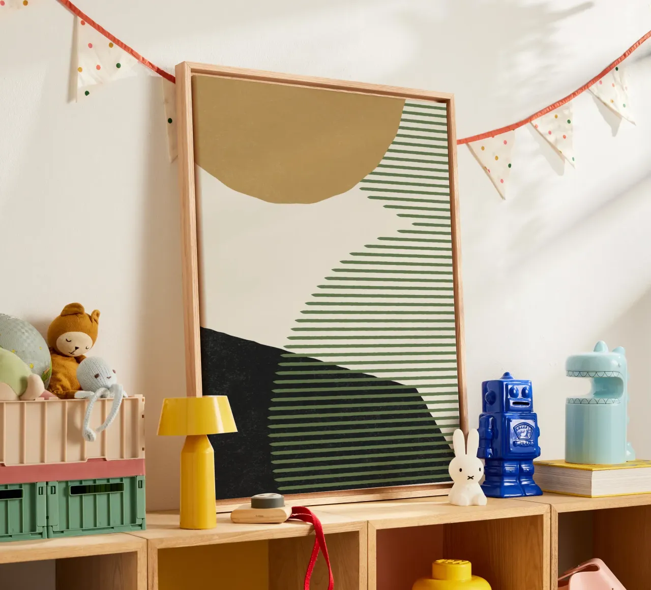 Linee Colore Forme - Oro Verde Nero tela con Cornice a cassetta da MoonlightPrint