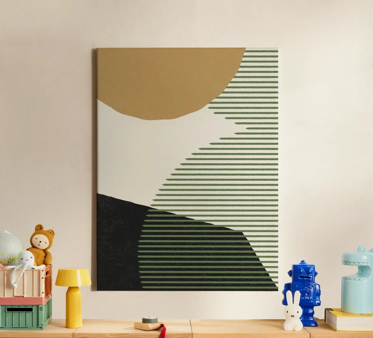 Linee Colore Forme - Oro Verde Nero tela con Cornice a cassetta da MoonlightPrint