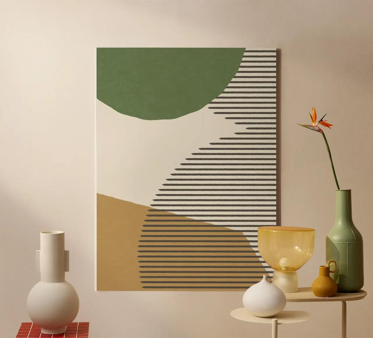 Linee Colore Forme - Verde Oro tela con Cornice a cassetta da MoonlightPrint