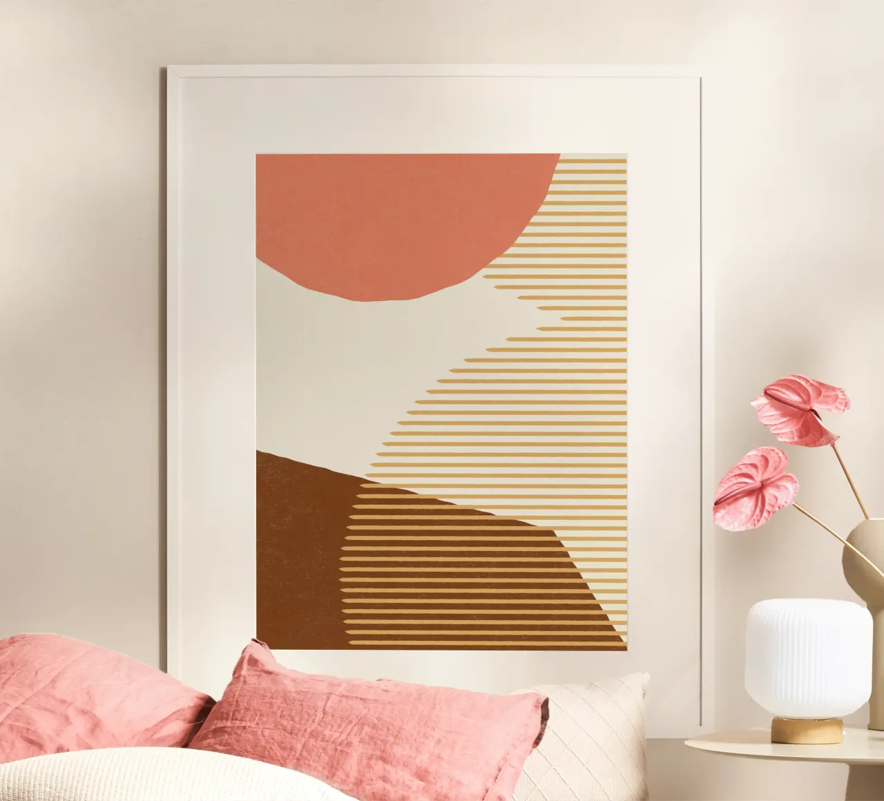 Linee Colore Forme - Rosa Oro Marrone poster con telaio in legno da MoonlightPrint
