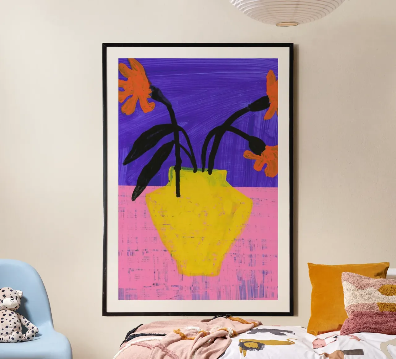 Three Flowers In A Yellow Vase poster con telaio in plastica da Sonia Brittain