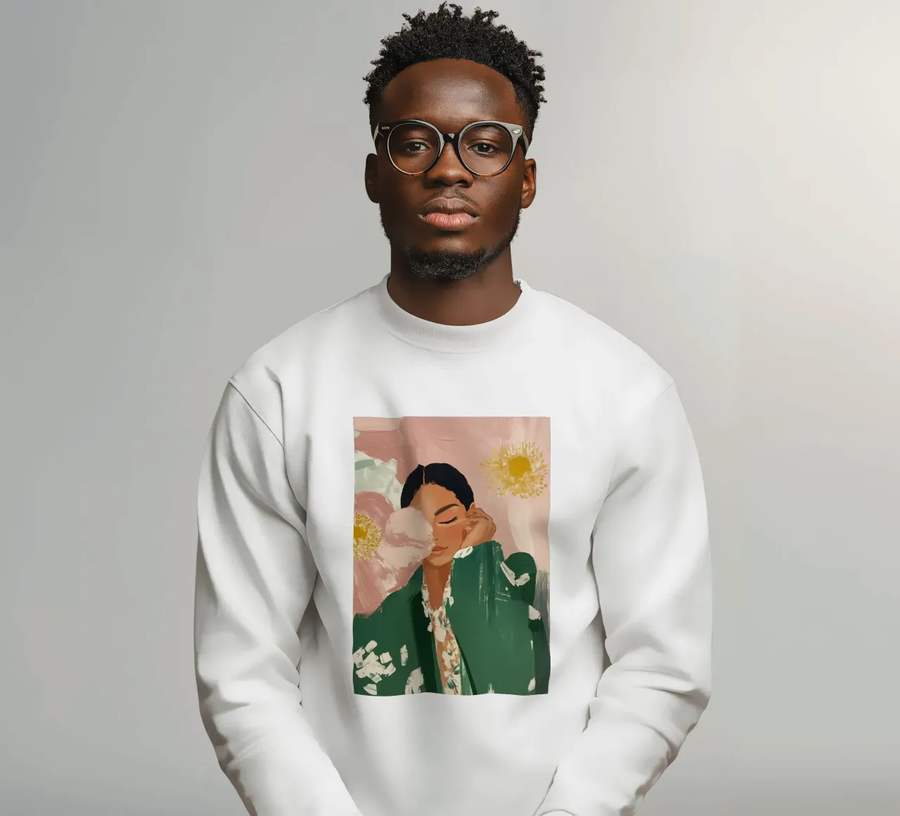 Abstracte vrouw met bloemen, smaragdgroene kunst sweatshirt van ArtHaus