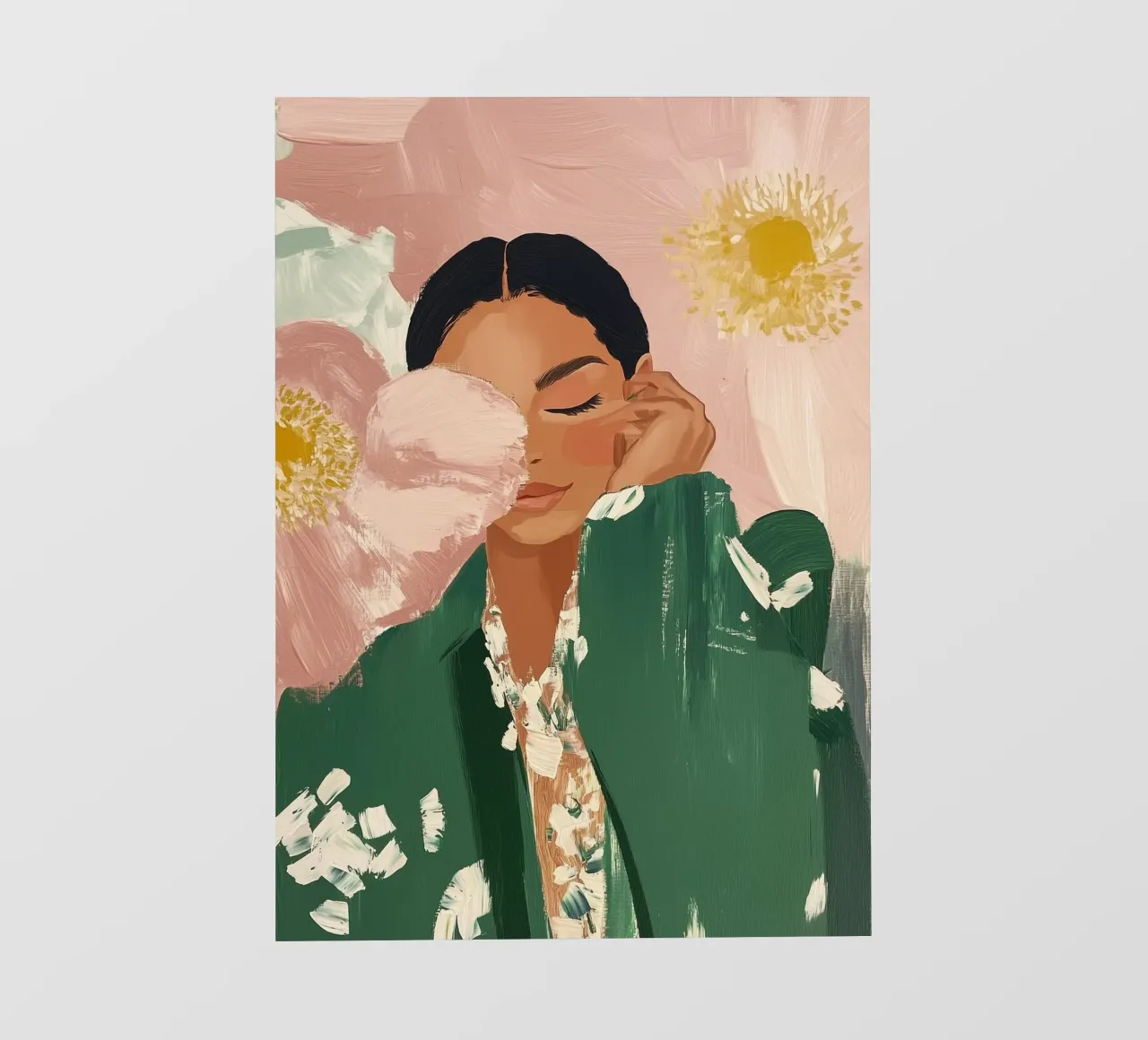 Abstracte vrouw met bloemen, smaragdgroene kunst backlit folie van ArtHaus