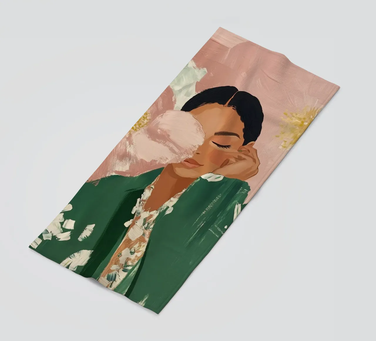 Abstracte vrouw met bloemen, smaragdgroene kunst strandhanddoek van ArtHaus
