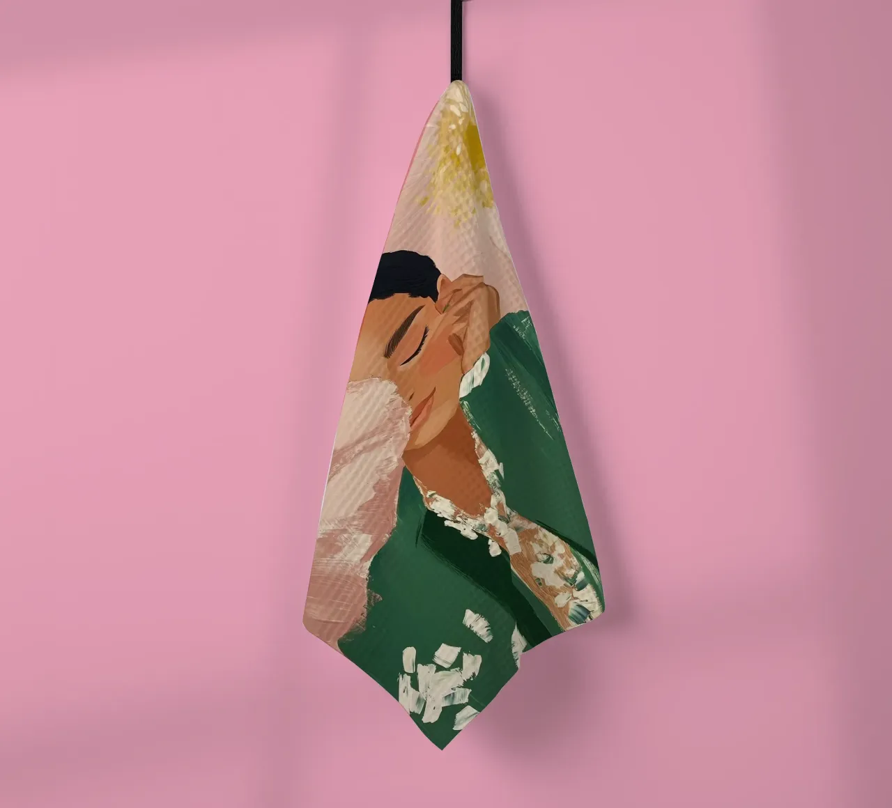 Abstracte vrouw met bloemen, smaragdgroene kunst theedoek van ArtHaus