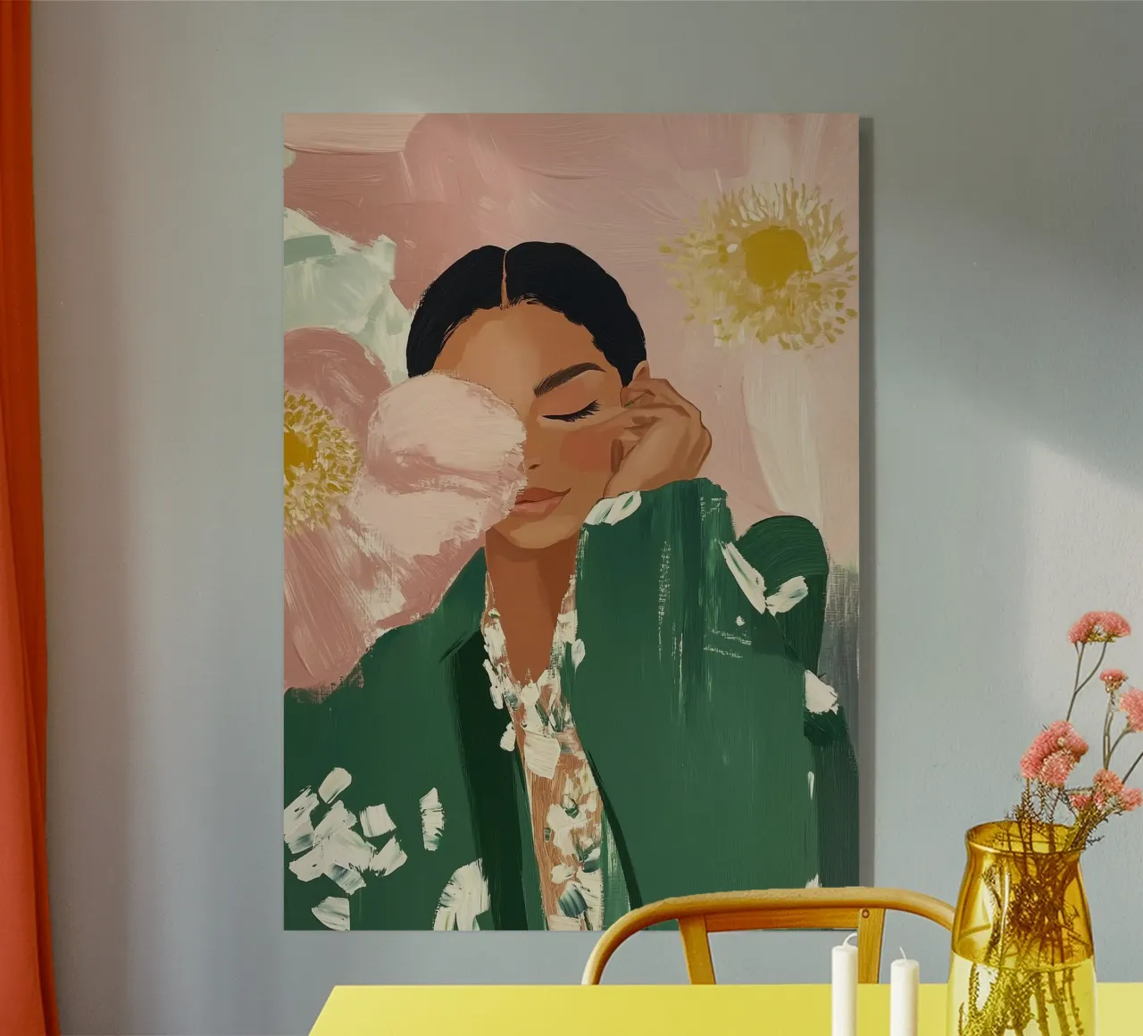Abstracte vrouw met bloemen, smaragdgroene kunst acryl van ArtHaus