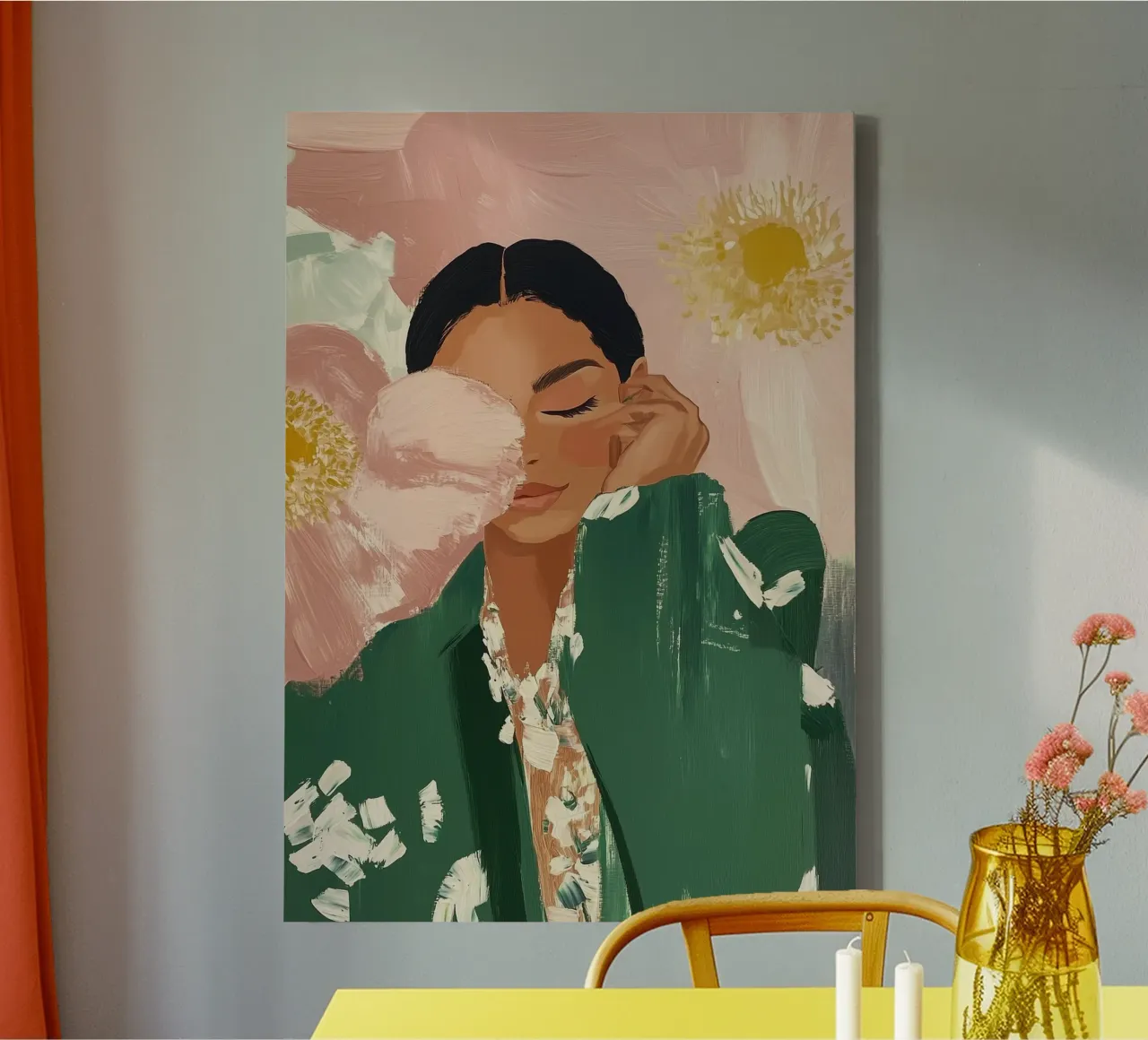 Abstracte vrouw met bloemen, smaragdgroene kunst canvas van ArtHaus