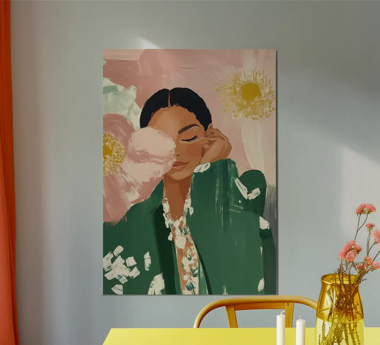 Abstracte vrouw met bloemen, smaragdgroene kunst hahnemühle van ArtHaus