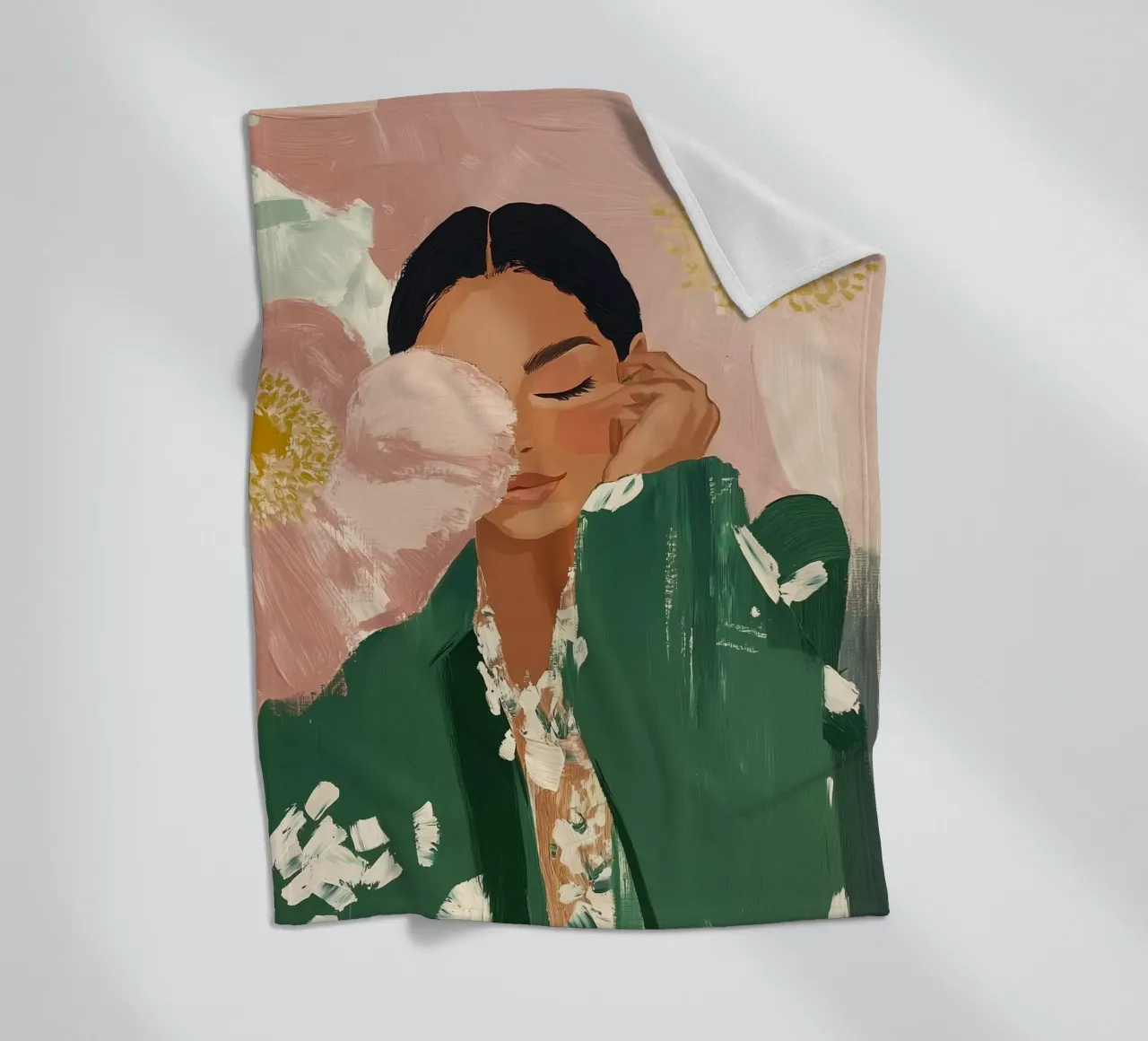 Abstracte vrouw met bloemen, smaragdgroene kunst fleecedeken van ArtHaus