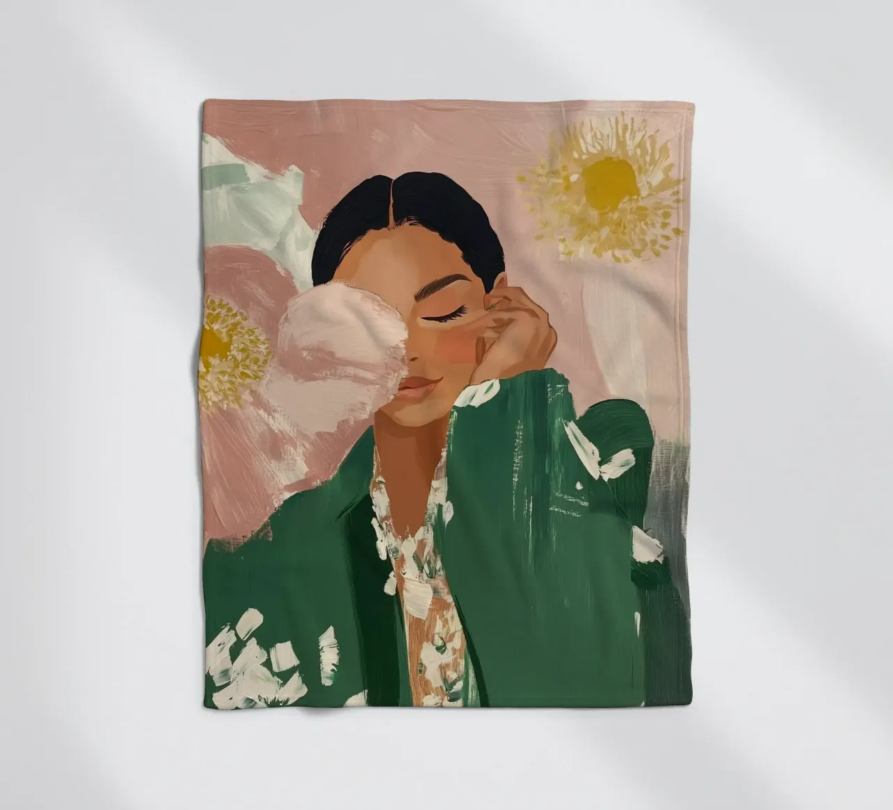 Abstracte vrouw met bloemen, smaragdgroene kunst fleecedeken van ArtHaus