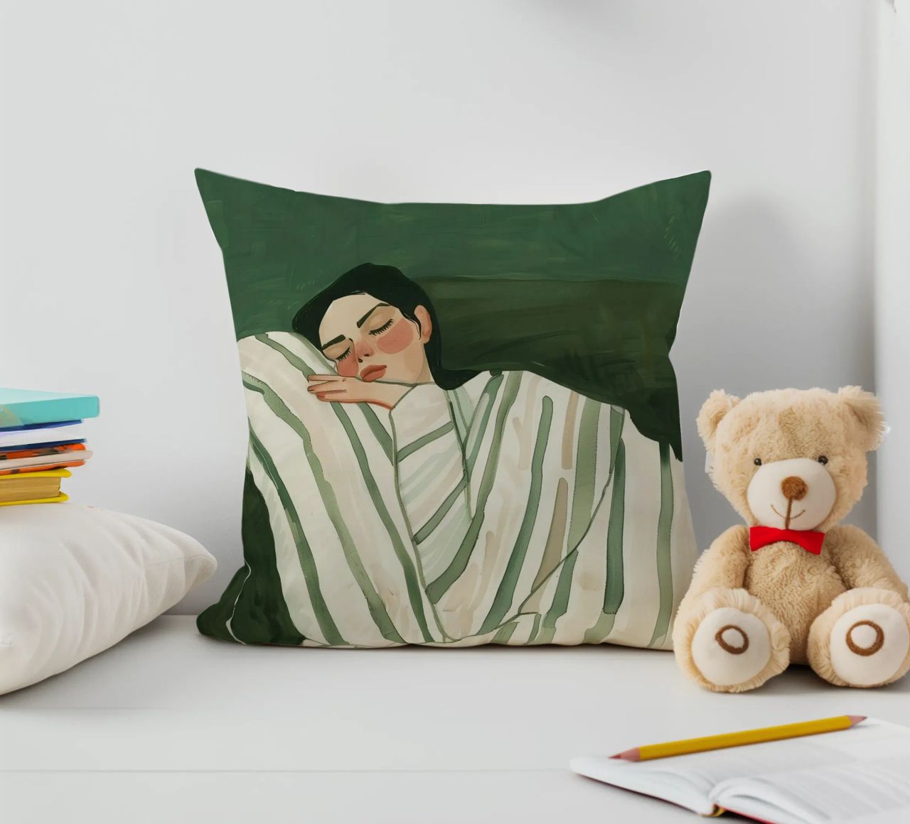 Femme endormie, art mural vert, peinture abstraite coussin de ArtHaus