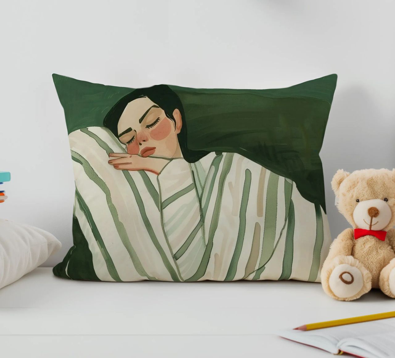 Femme endormie, art mural vert, peinture abstraite coussin de ArtHaus