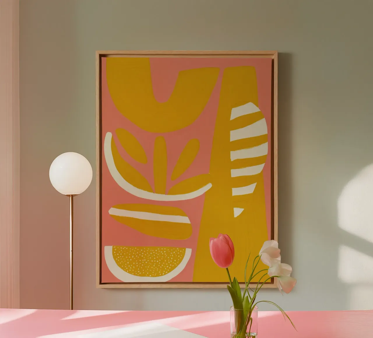 Forme organiche | Giallo oro e rosato tela con Cornice a cassetta da Autofocus