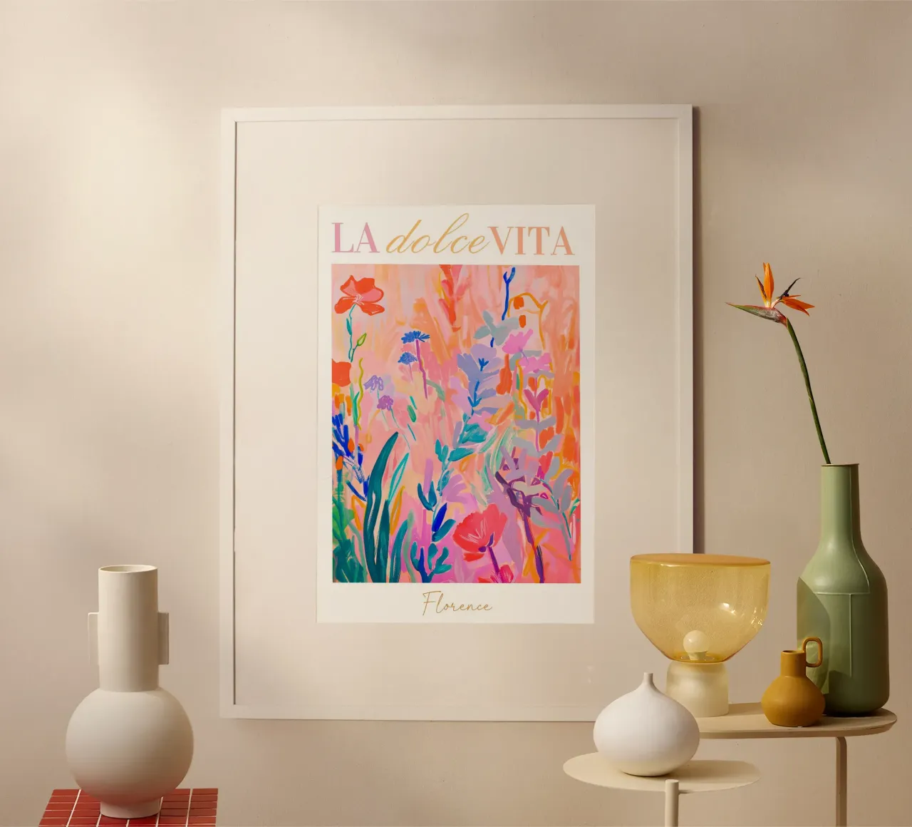La Dolce Vita, Italian Flower Print, Abstract Flower Art poster with wooden frame by Boheme