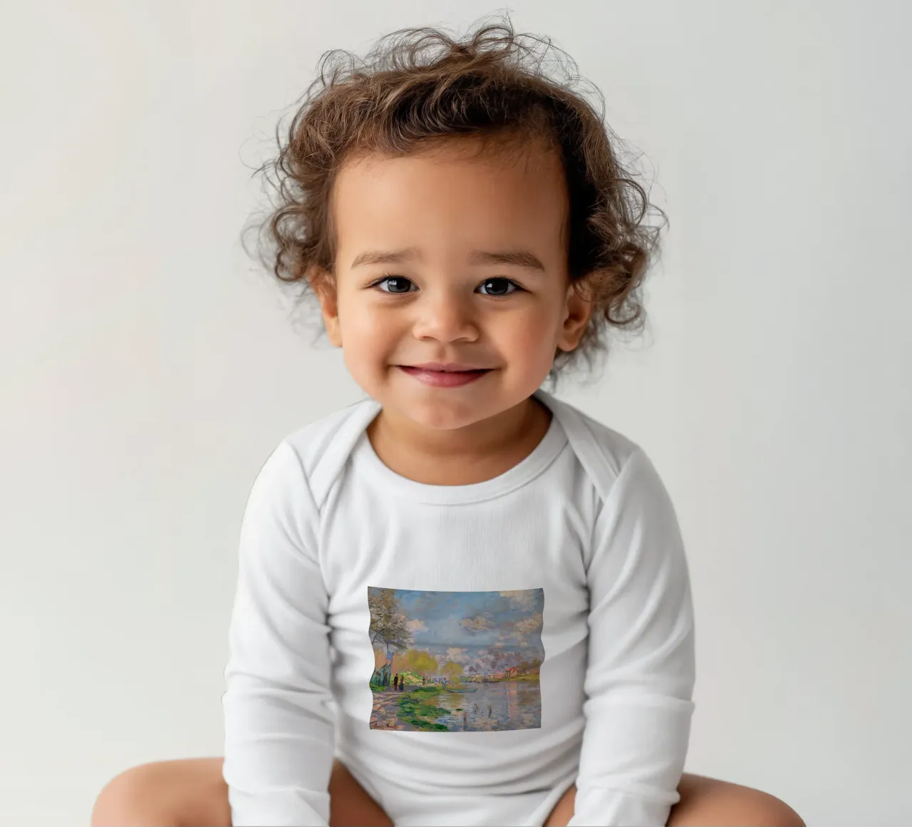 playing on the river bank in the afternoon claude monet long-sleeve baby romper by belong shop