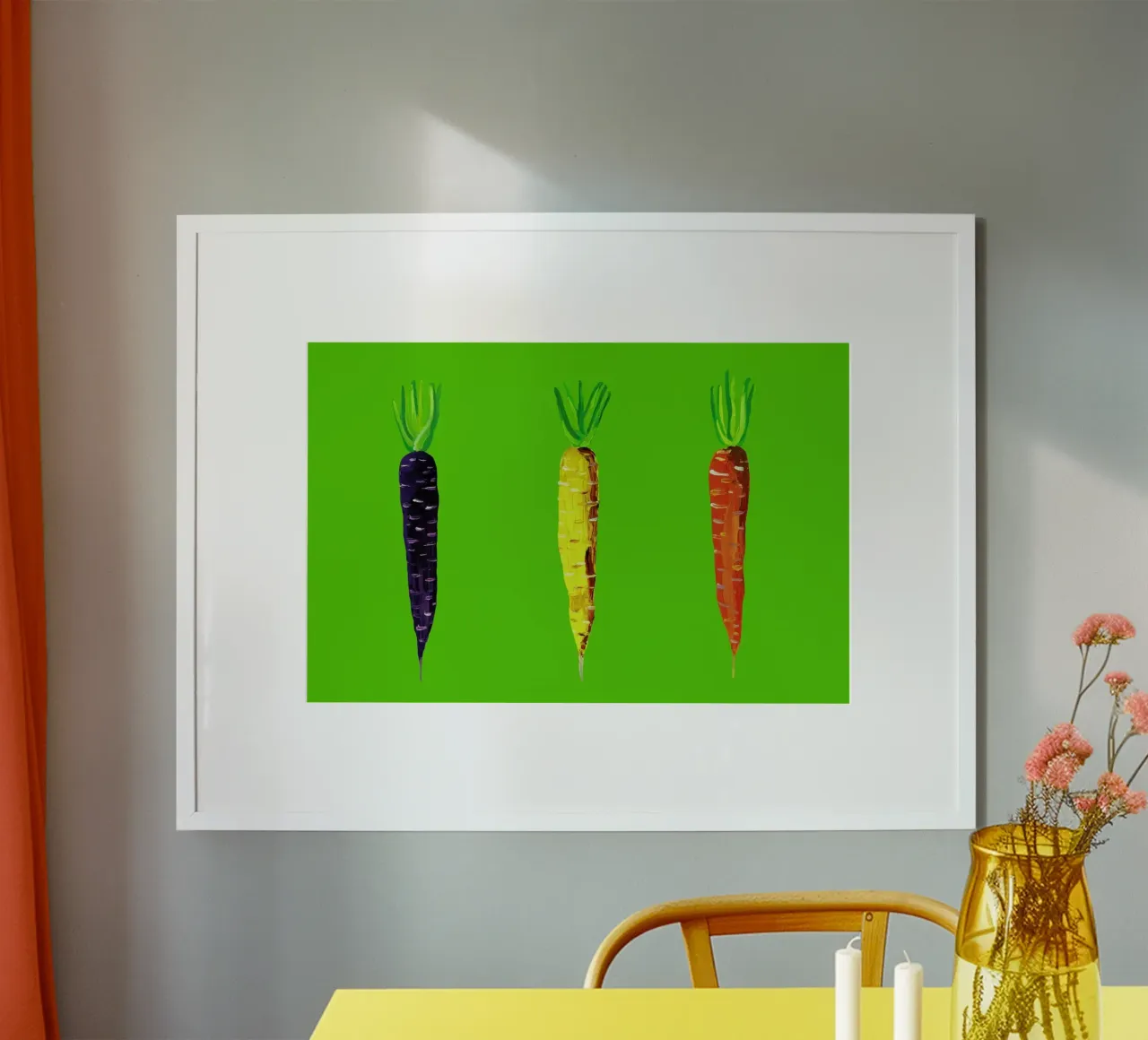 Carrots On Lime Green poster con telaio in plastica da Alice Straker
