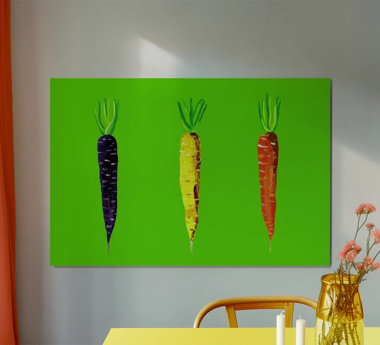 Carrots On Lime Green poster con telaio in plastica da Alice Straker