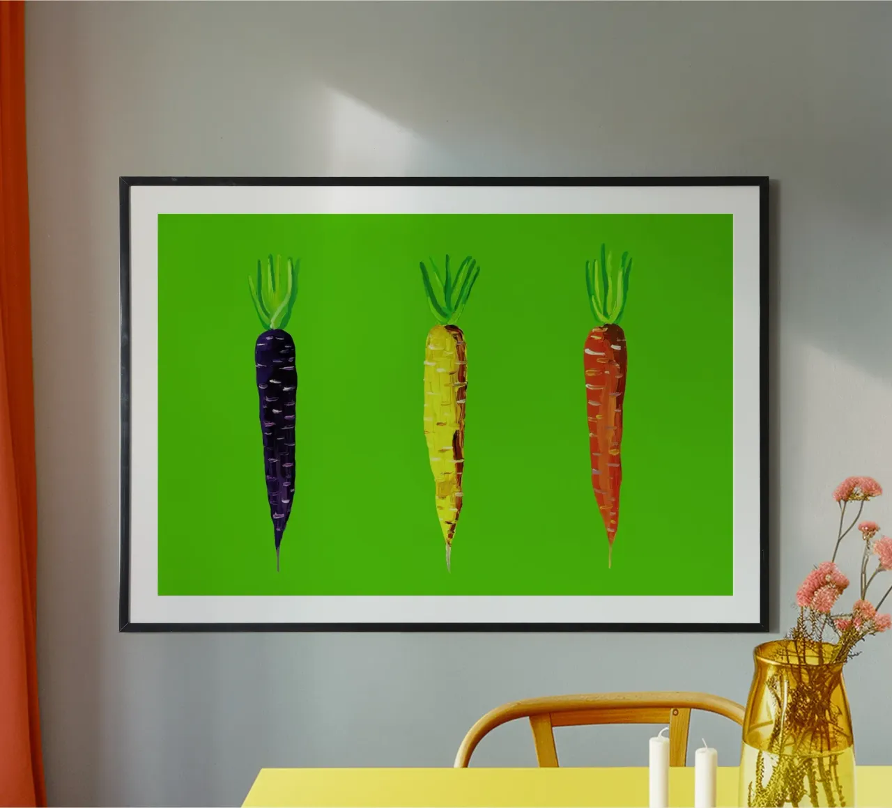 Carrots On Lime Green poster con telaio in plastica da Alice Straker