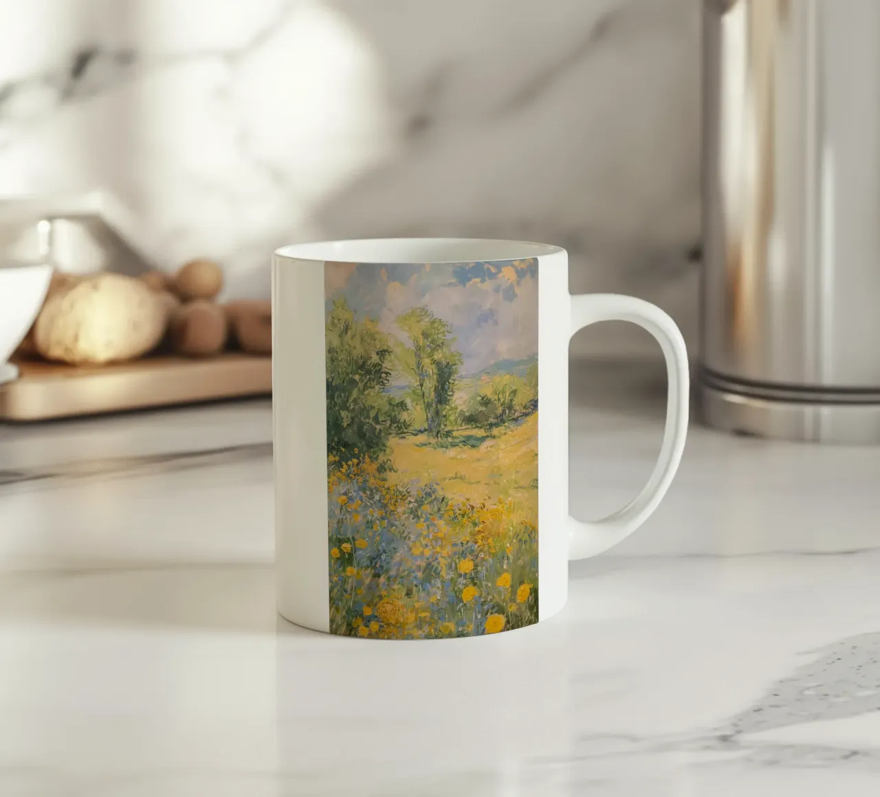 vue prairie fleurs sauvages dans collines claude monet mug en céramique de belong shop