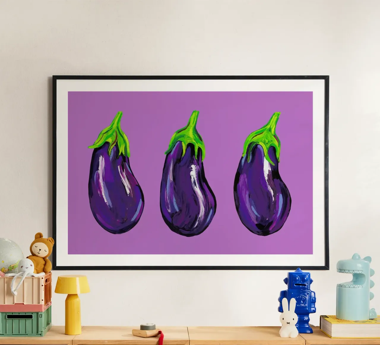 Aubergines On Purple poster con telaio in legno da Alice Straker