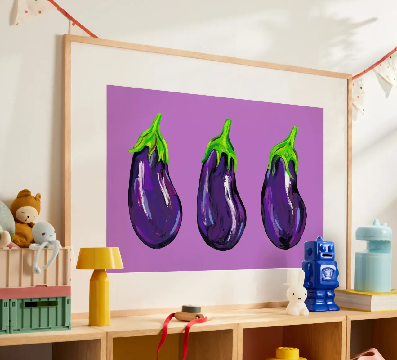 Aubergines On Purple poster con telaio in legno da Alice Straker