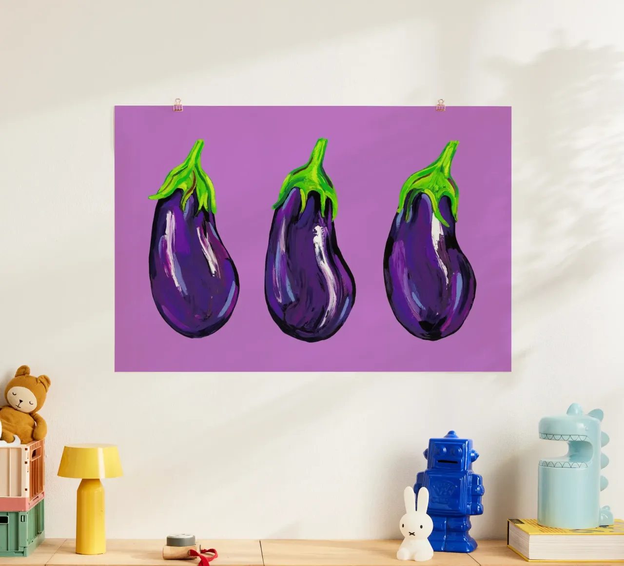 Aubergines On Purple poster con telaio in legno da Alice Straker