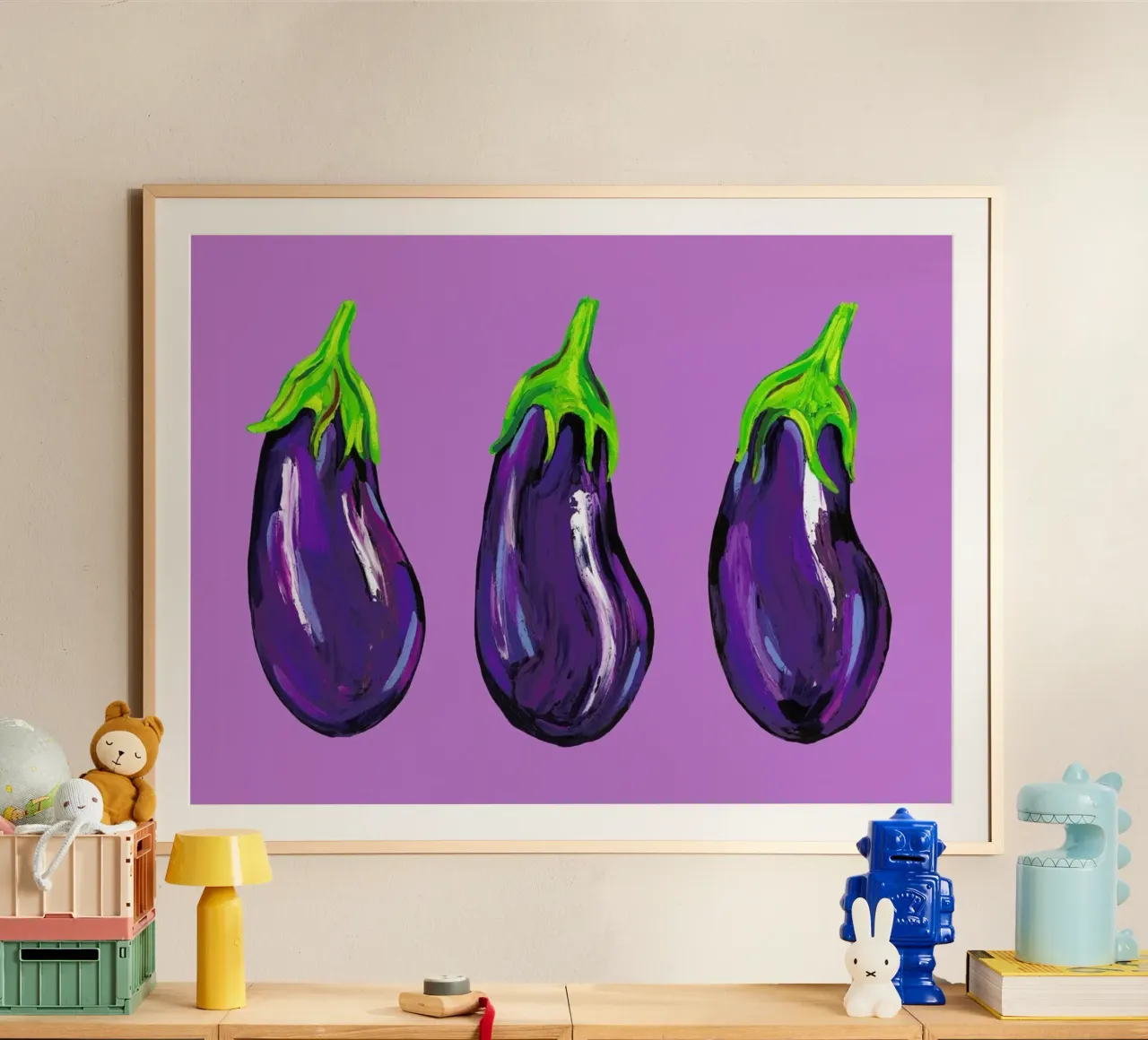 Aubergines On Purple poster con telaio in legno da Alice Straker