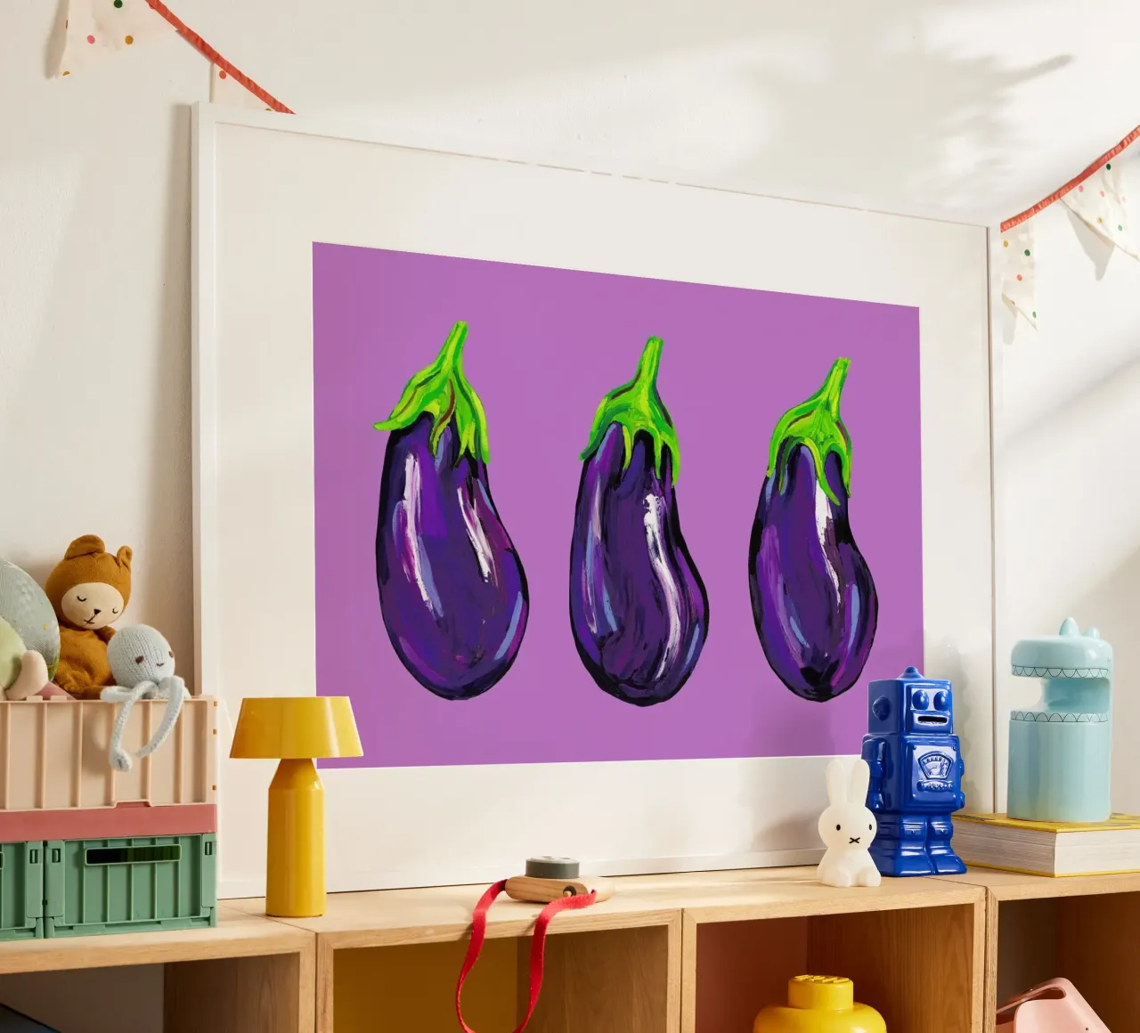 Aubergines On Purple poster con telaio in legno da Alice Straker