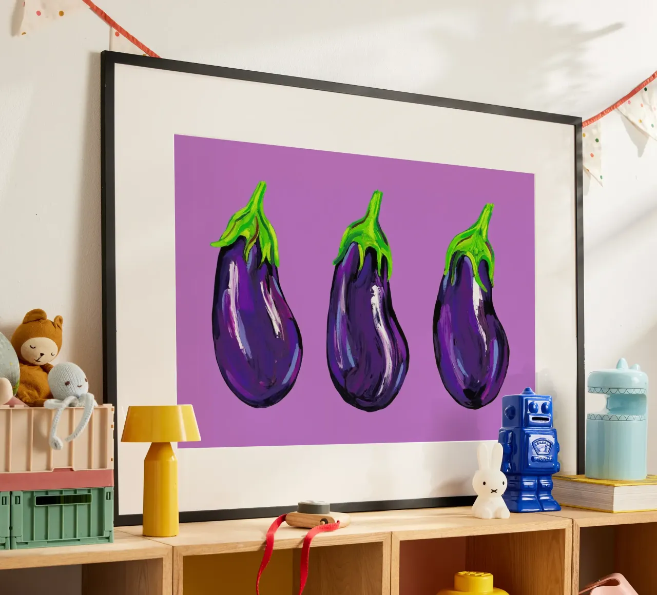 Aubergines On Purple poster con telaio in legno da Alice Straker