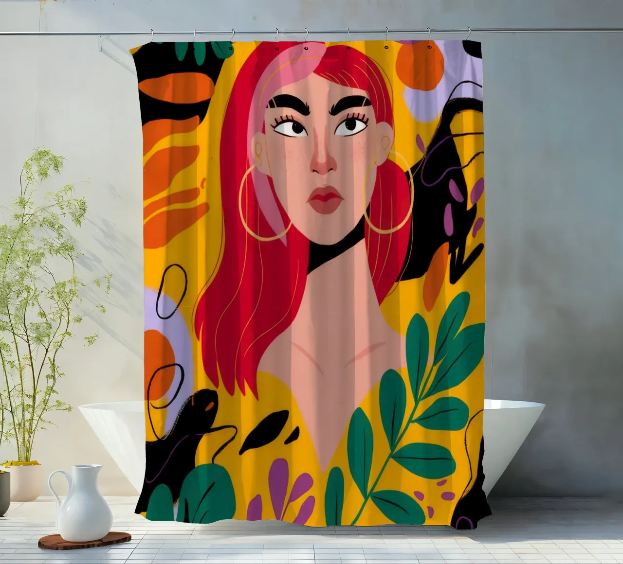 Ruby Haired Muse shower curtain by Paez Harmony
